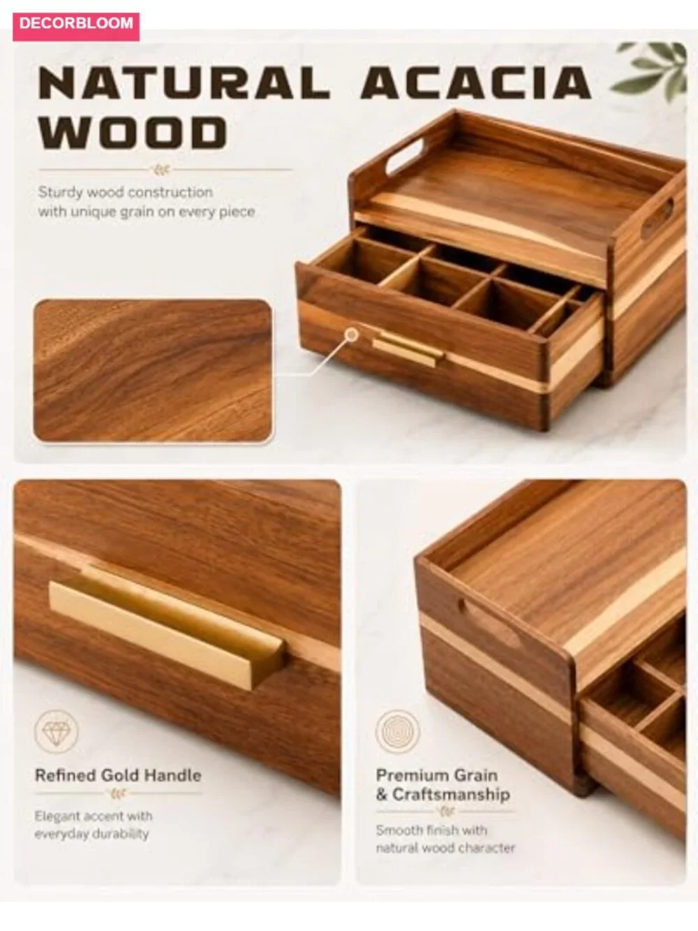 Acacia Wood Tea Bag Organizer with Storage Drawer Tea Caddy